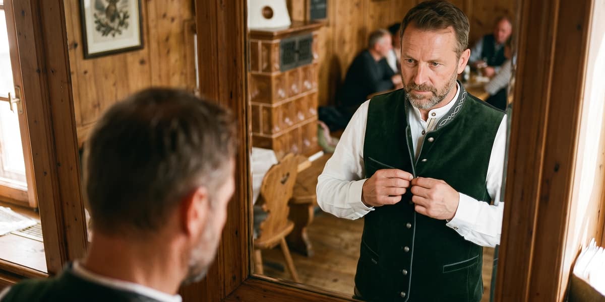 Herren mit Trachtenwesten vor dem Spiegel