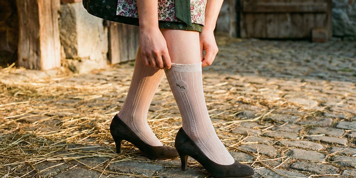 Junge Frau zieht Trachtenstrümpfe zum Dirndl an