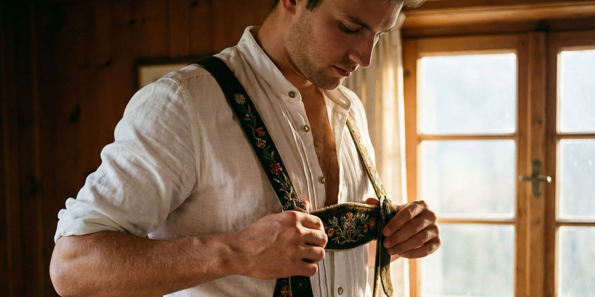 Mann zieht Hosenträger an.