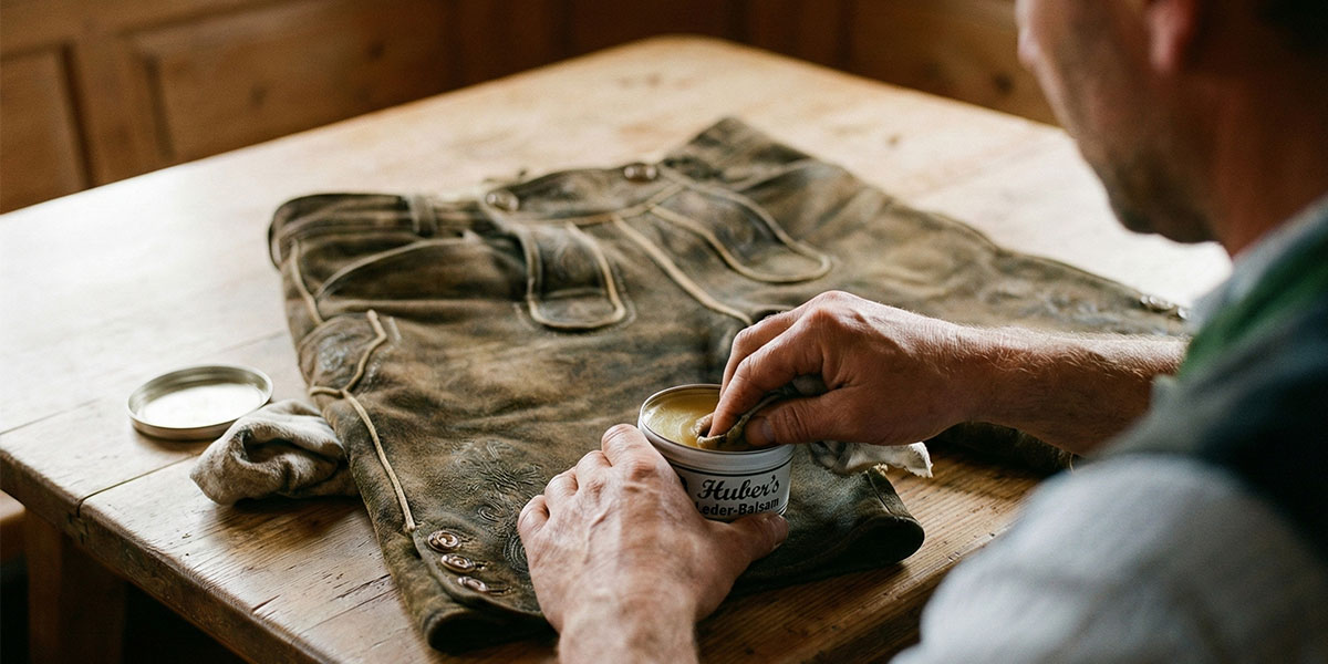 Ein Mann pflegt seine Lederhose.