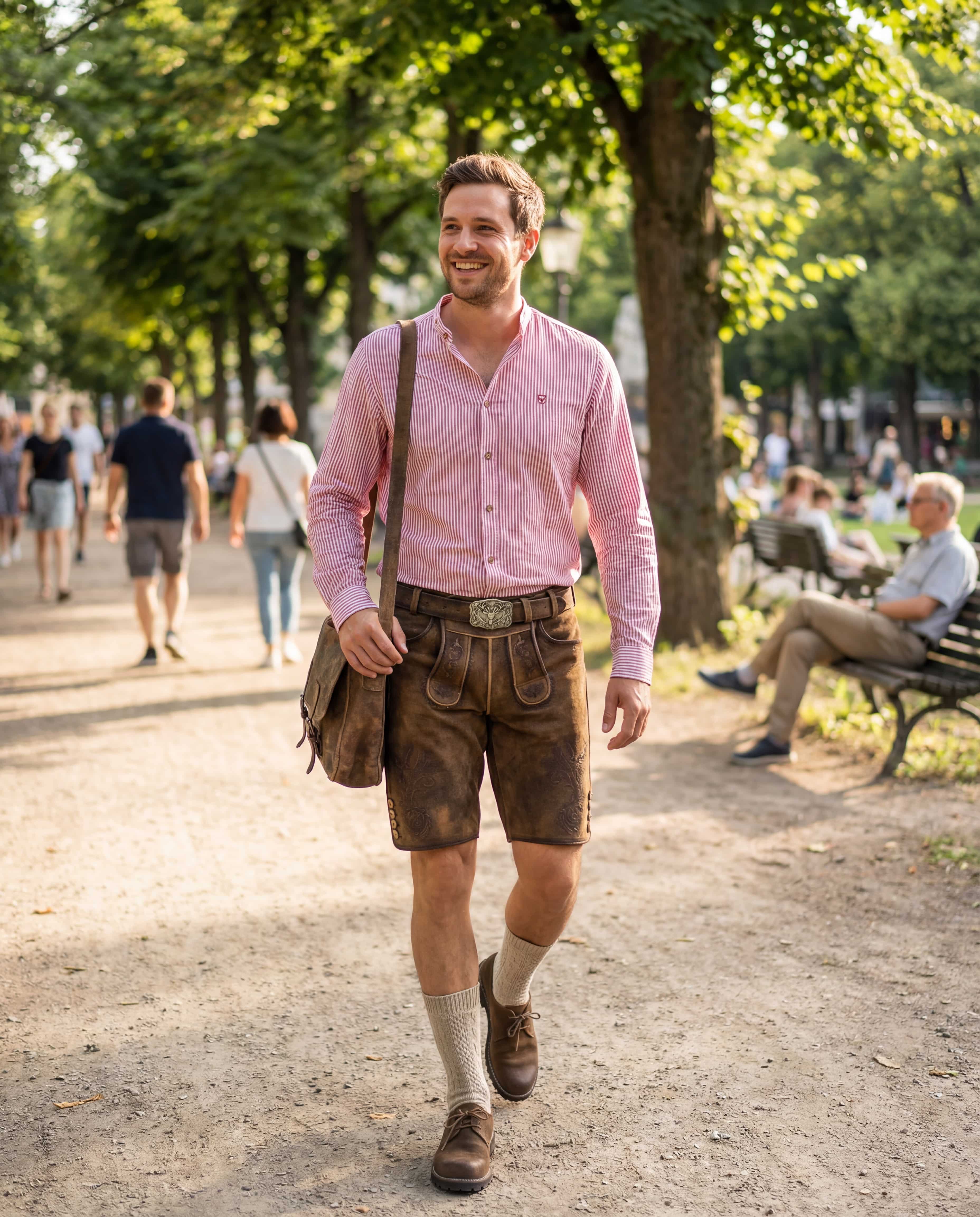 2 Herren posieren in braun/beigen Trachtenoberteilen und Lederhosen