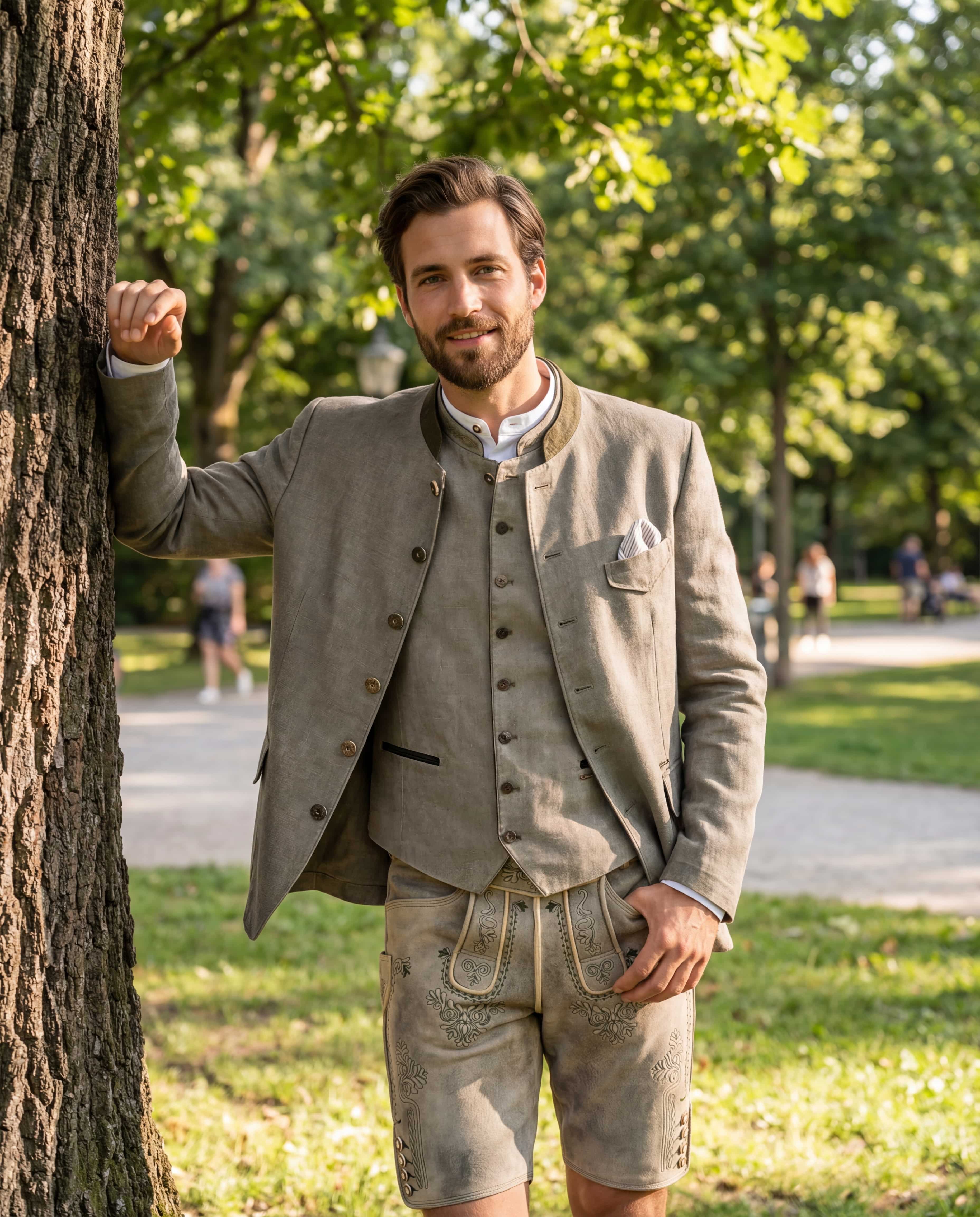 Zwei Herren in Trachtenhemd mit Weste und Lederhosen