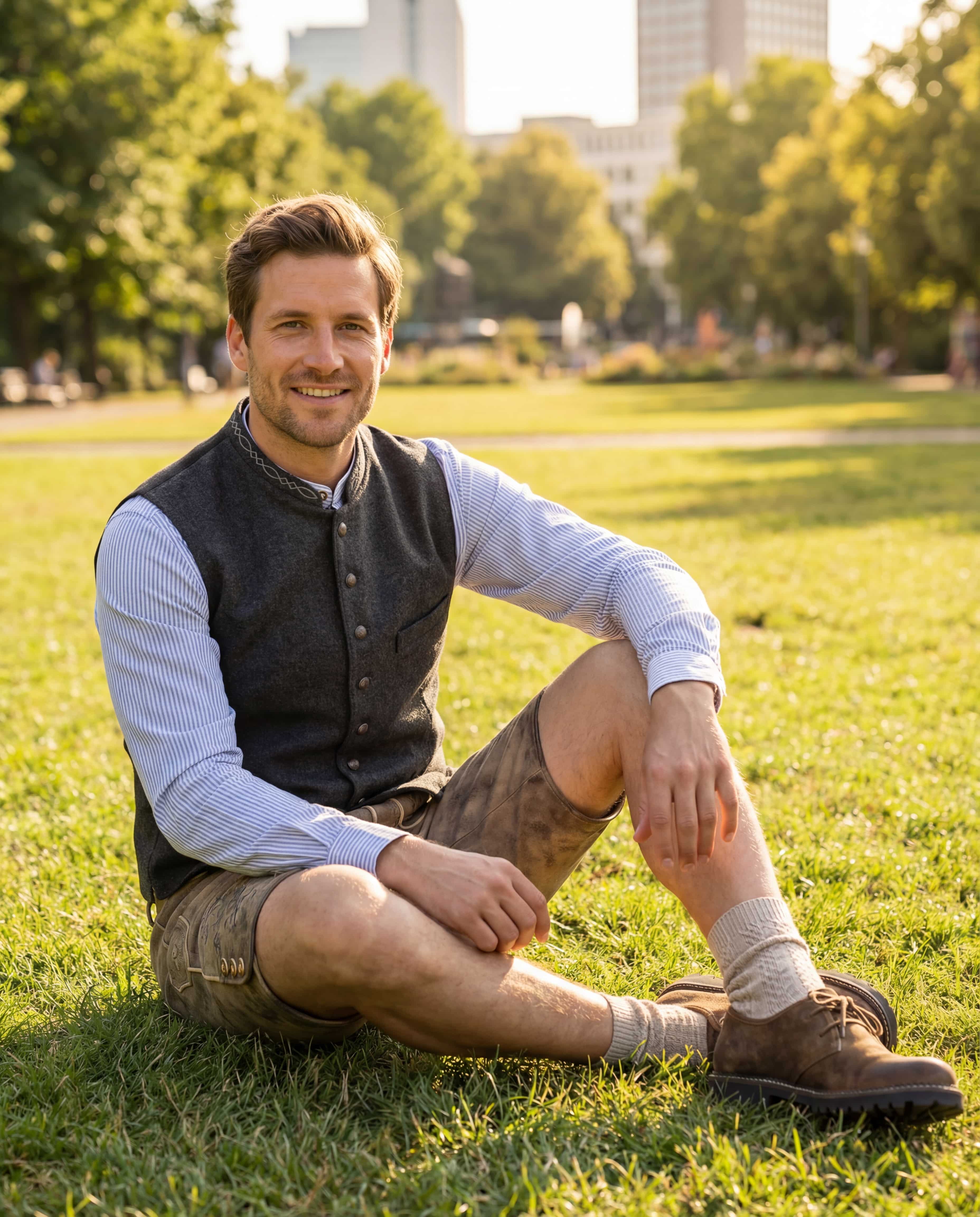 Mann in bayrischer Tracht sitzt auf einem Stuhl 