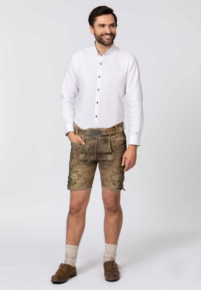 Pantalon Court En Cuir Lederhosen Thomas2 Pour Homme - Cuir De Bouc Sauvage, Broderie Main, Laçage Ajustable, Avec Ceinture